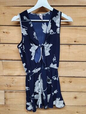 Style Shop Navy Floral Tie-Front Sleeveless Romper Sz SM Vacation Coastal